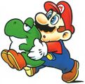 Super Mario World artwork of Mario holding a Baby Yoshi